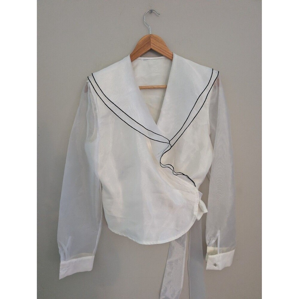Vintage White Chiffon Sailor Style Wrap Blouse Size M